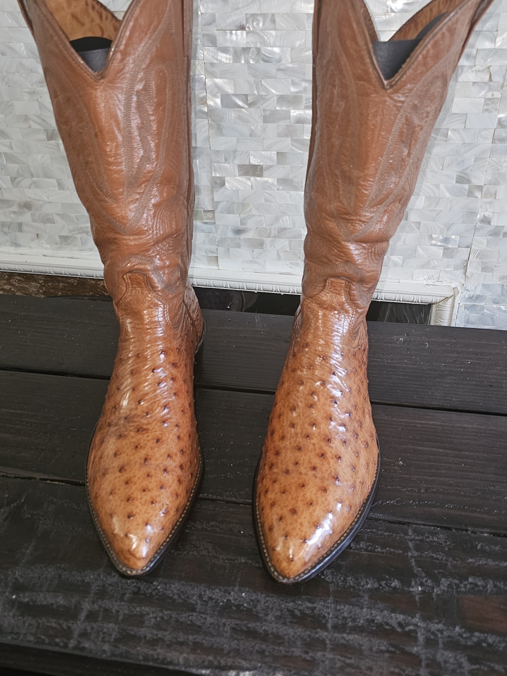 Men's Cognac Full Quail Ostrich Leather Western Boots